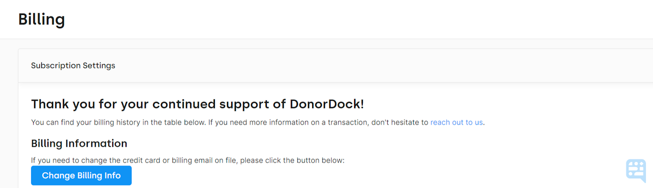 SUBSCRIPTION SETTINGS OF BILLING PAGE. BLUE BUTTON SAYS CHANGE BILLING INFO TO CLICK TO VIEW BILLING INFORMATION - click to enlarge SUBSCRIPTION SETTINGS OF BILLING PAGE. BLUE BUTTON SAYS CHANGE BILLING INFO TO CLICK TO VIEW BILLING INFORMATION