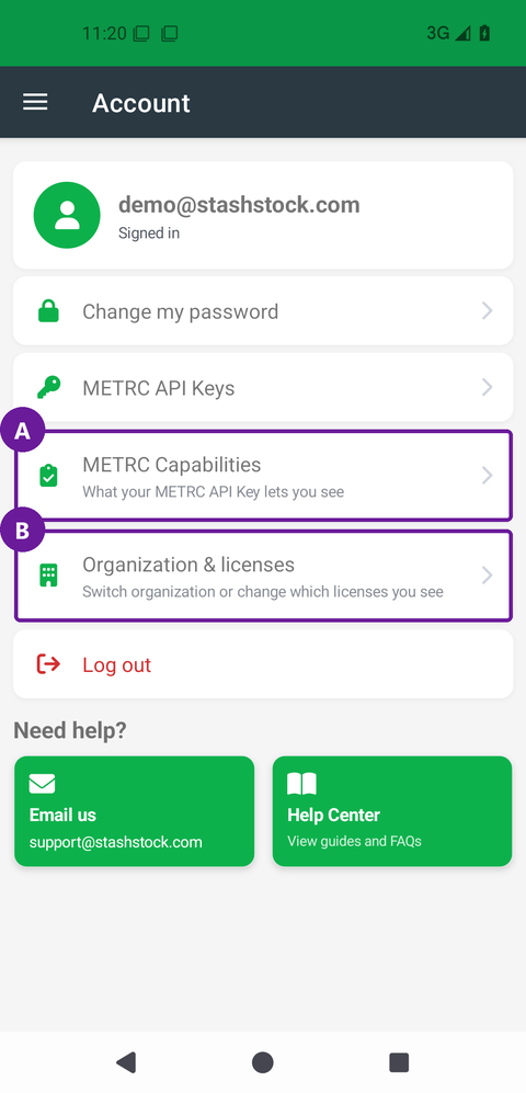 Account page showing the signed-in email, Change my password, METRC API Keys, and Log out - click to enlarge Account page showing the signed-in email, Change my password, METRC API Keys, and Log out