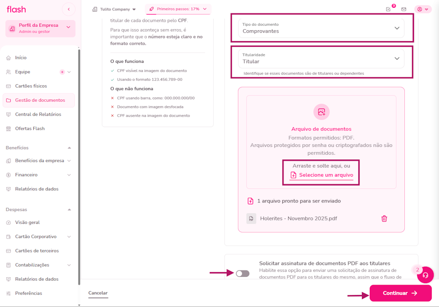 imagem da plataforma com destaque para as opções de tipo de documento e titularidade