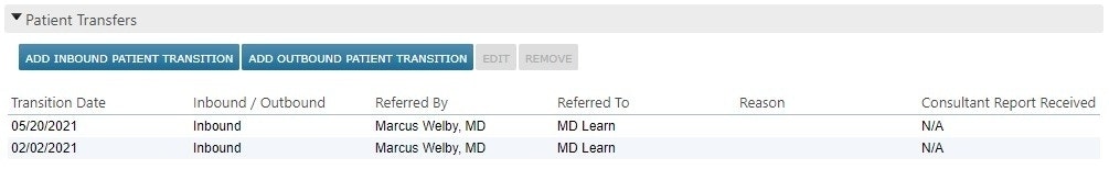 The Patient Transfers section under Demographics - click to enlarge The Patient Transfers section under Demographics
