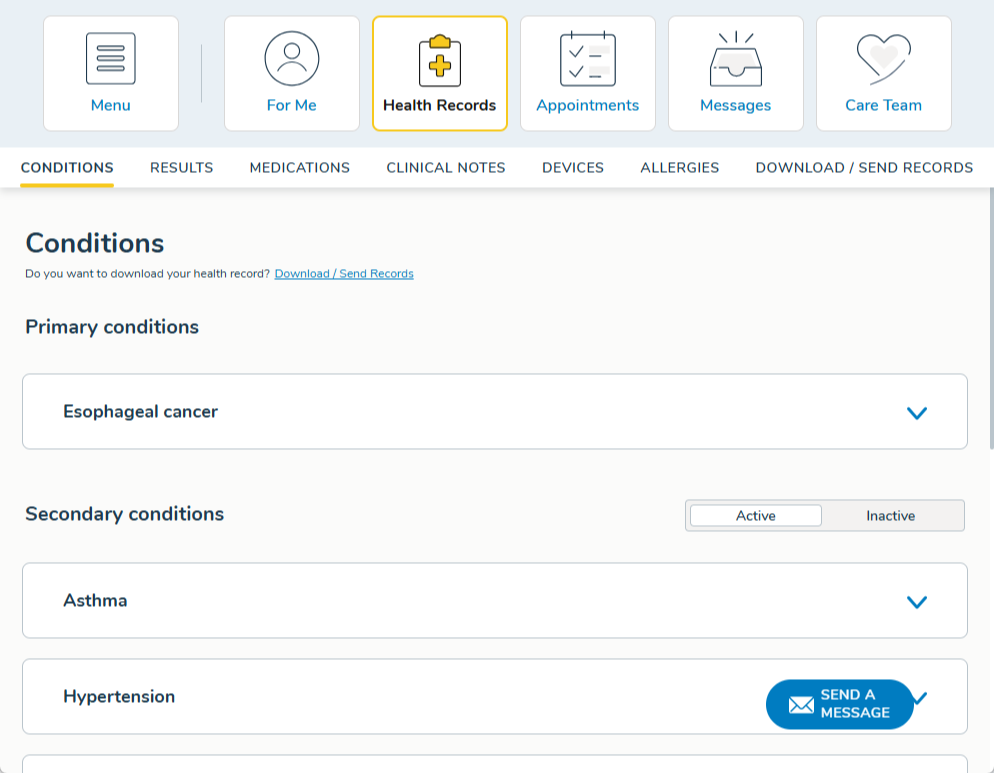 Health Records with the Conditions sub-tab selected - click to enlarge Health Records with the Conditions sub-tab selected