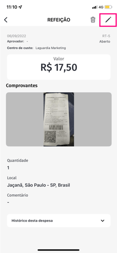 imagem da plataforma com destaque para a opção e lápis para editar uma despesa exemplo.