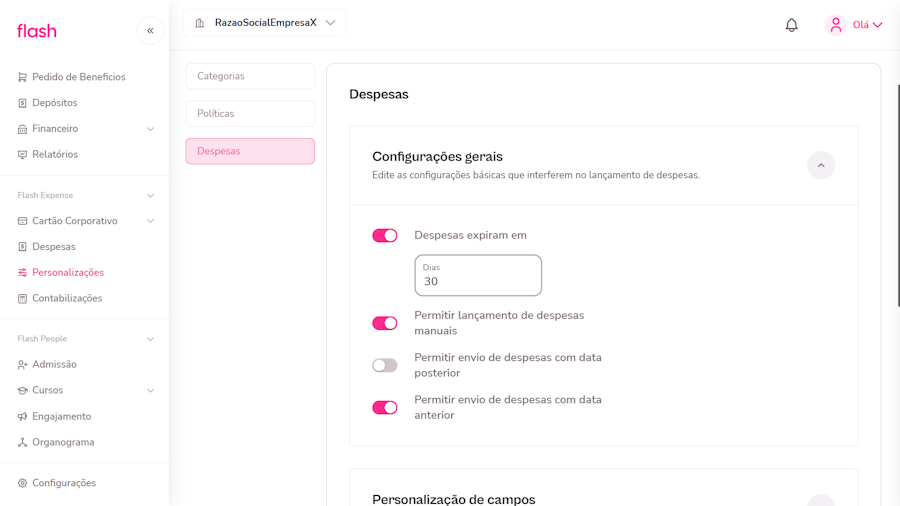 Aba de configurações de Despesas.