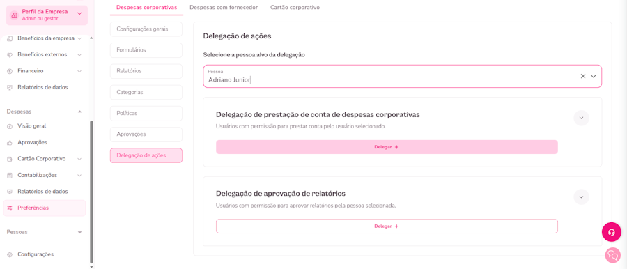Imagem da opção de delegação com dados exemplos preenchidos.