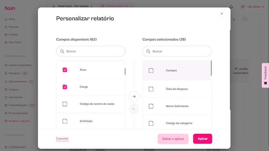 imagem exemplo de opções para personalizar relatório marcadas.