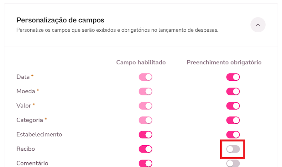 Imagem de personalização de campos e preenchimento obrigatório desativado.