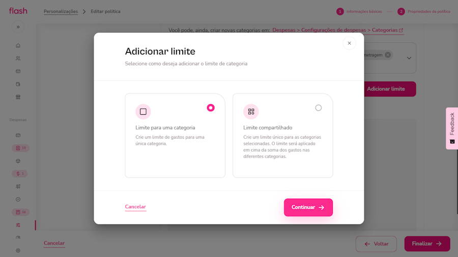 Configurar politica de despesas. Tela Adicionar limite para uma categoria