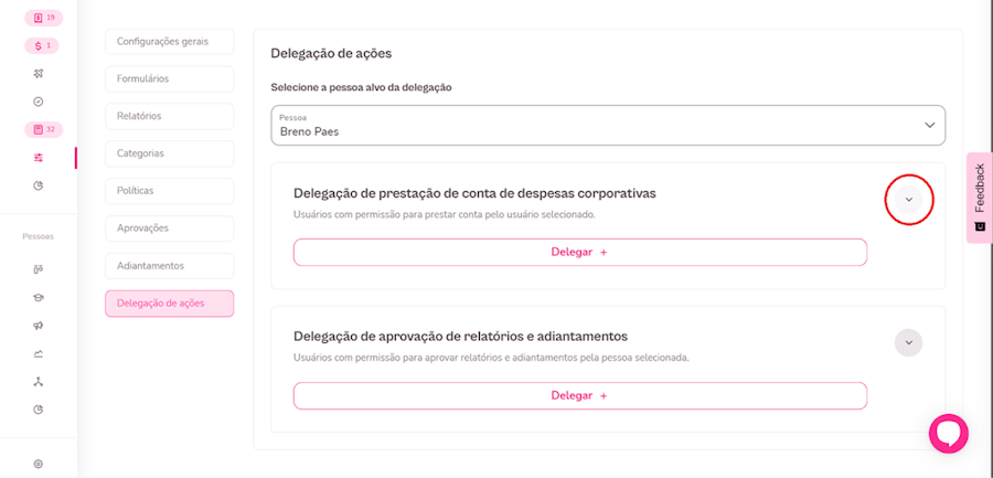 Imagem do menu de delegação de ações com destaque para seta para baixo.
