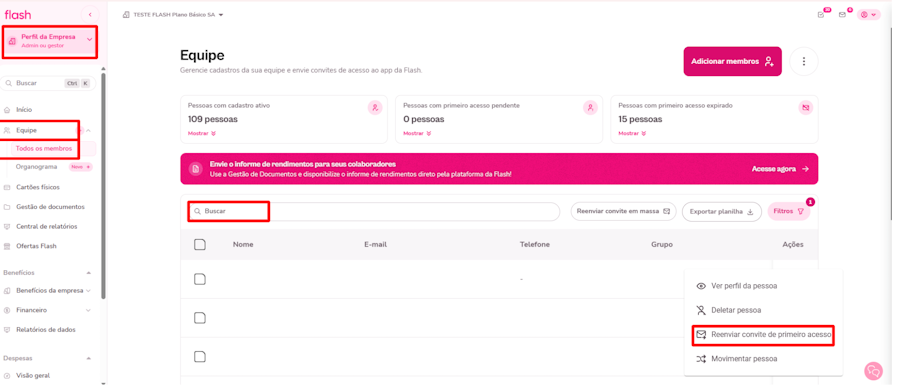 Imagem mostra o passo a passo para que o administrador realize o reenvio do convite pela plataforma