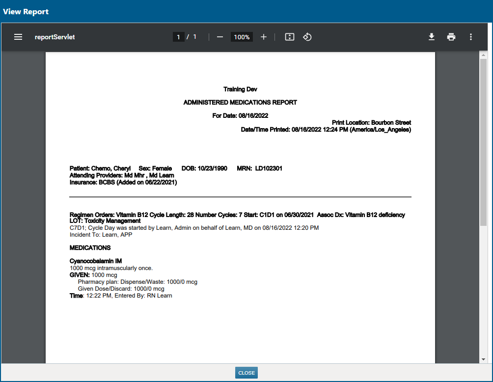 A preview of the Administered Medications Report - click to enlarge A preview of the Administered Medications Report