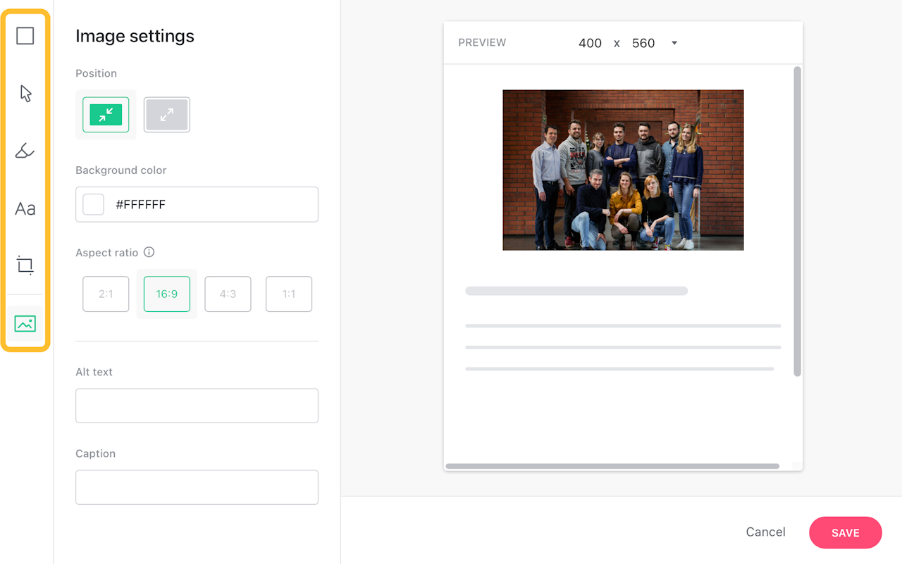 Screenshot of the image editor, highlighting the left panel. - click to enlarge Screenshot of the image editor, highlighting the left panel.