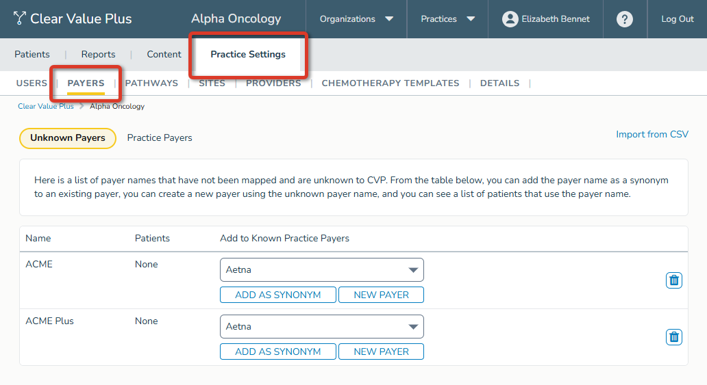 Clear Value Plus with the Practice Settings tab and Payers sub-tab highlighted - click to enlarge Clear Value Plus with the Practice Settings tab and Payers sub-tab highlighted
