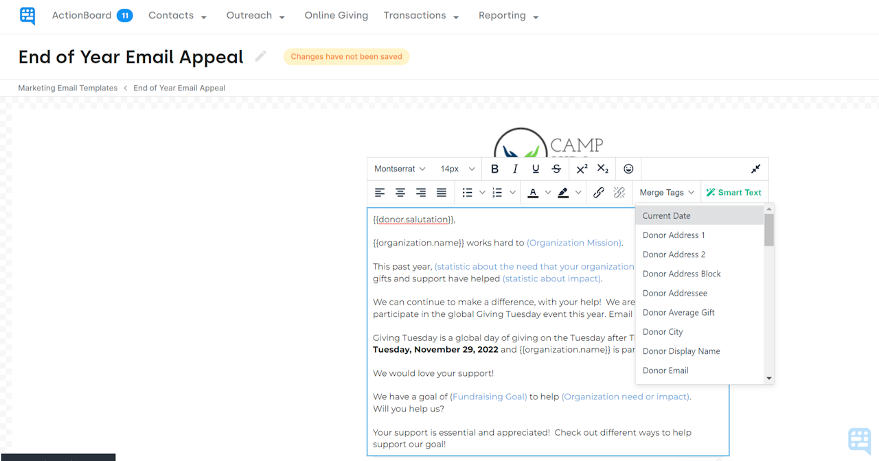 TEXT TOOLS RIBBON SHOWING AVAILABLE MERGE TAGS TO SELECT TO INSERT INTO EMAIL TEMPLATE FOR END OF YEAR APPEAL - click to enlarge TEXT TOOLS RIBBON SHOWING AVAILABLE MERGE TAGS TO SELECT TO INSERT INTO EMAIL TEMPLATE FOR END OF YEAR APPEAL