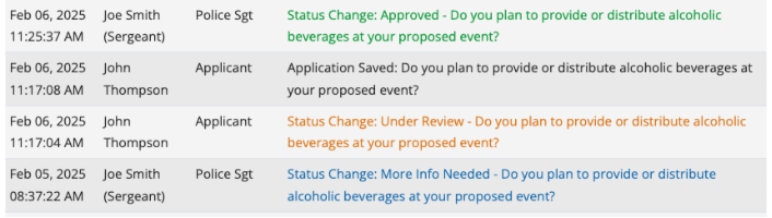 List of activities showing the different colors for status change actions.