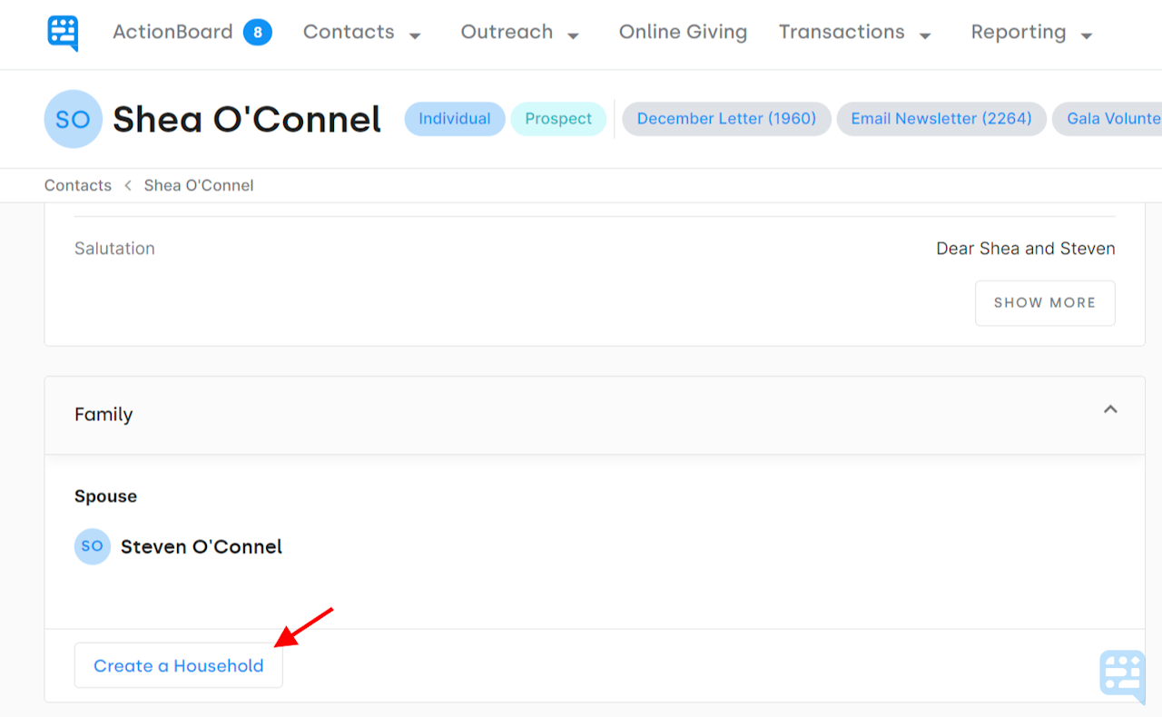 CREATE HOUSEHOLD BUTTON ON EXISTING RECORD WITH SPOUSE INFORMATION - click to enlarge CREATE HOUSEHOLD BUTTON ON EXISTING RECORD WITH SPOUSE INFORMATION