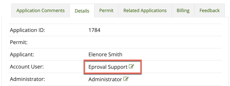 Sows the Details tab with the Account User field highlighted to show the Edit icon