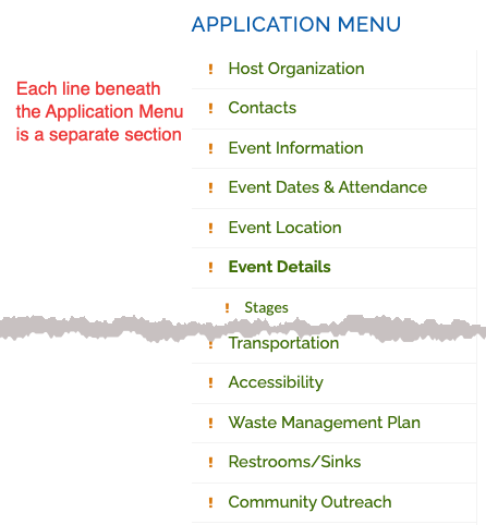 The Application Menu showing all of the different sections in the application