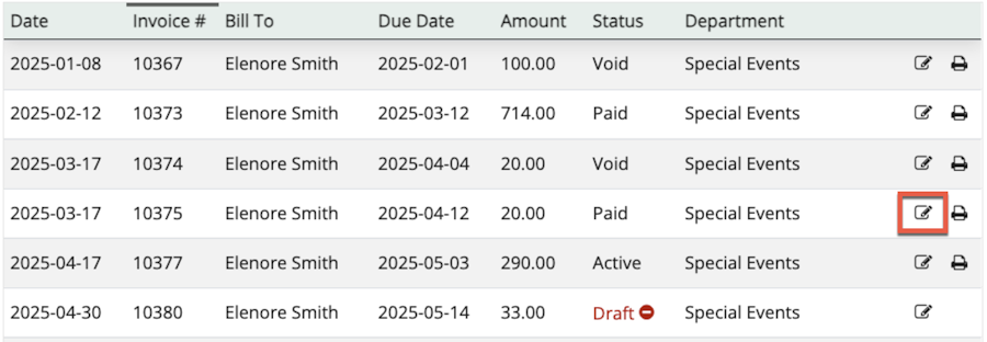 List of invoices on an application with the Edit icon highlighted for one.