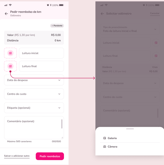 Imagem do aplicativo com tela exemplo para lançar despesa via odômetro
