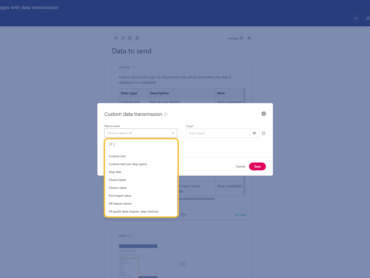 Data transmission menu with the data to send dropdown open - click to enlarge Data transmission menu with the data to send dropdown open