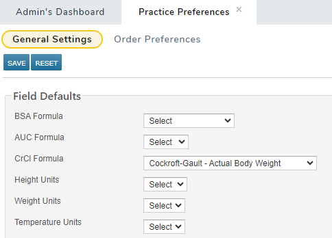 Practice Preferences showing the General Settings tab - click to enlarge Practice Preferences showing the General Settings tab