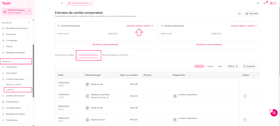 Opção de extrato carteira para adicionar saldo.
