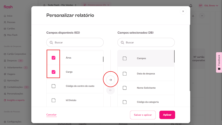 imagem exemplo de opções para personalizar relatório.