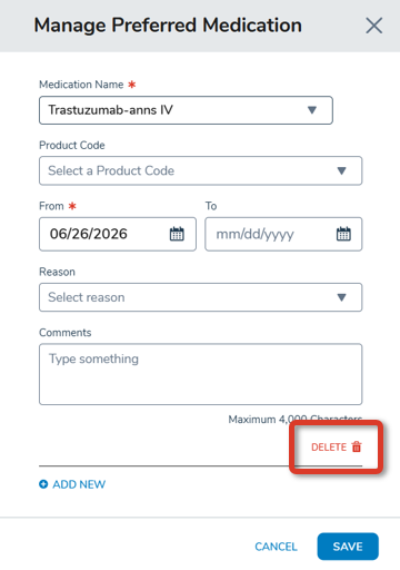 The Manage Preferred Medication window with the Delete option highlighted - click to enlarge The Manage Preferred Medication window with the Delete option highlighted