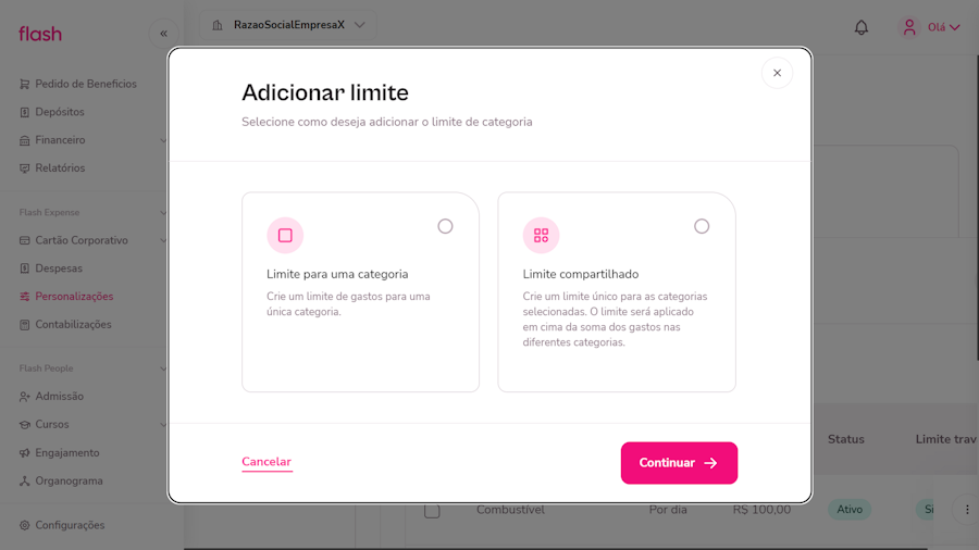 imagem da tela de adicionar limite com opções de limite para uma categoria ou limite compartilhado de