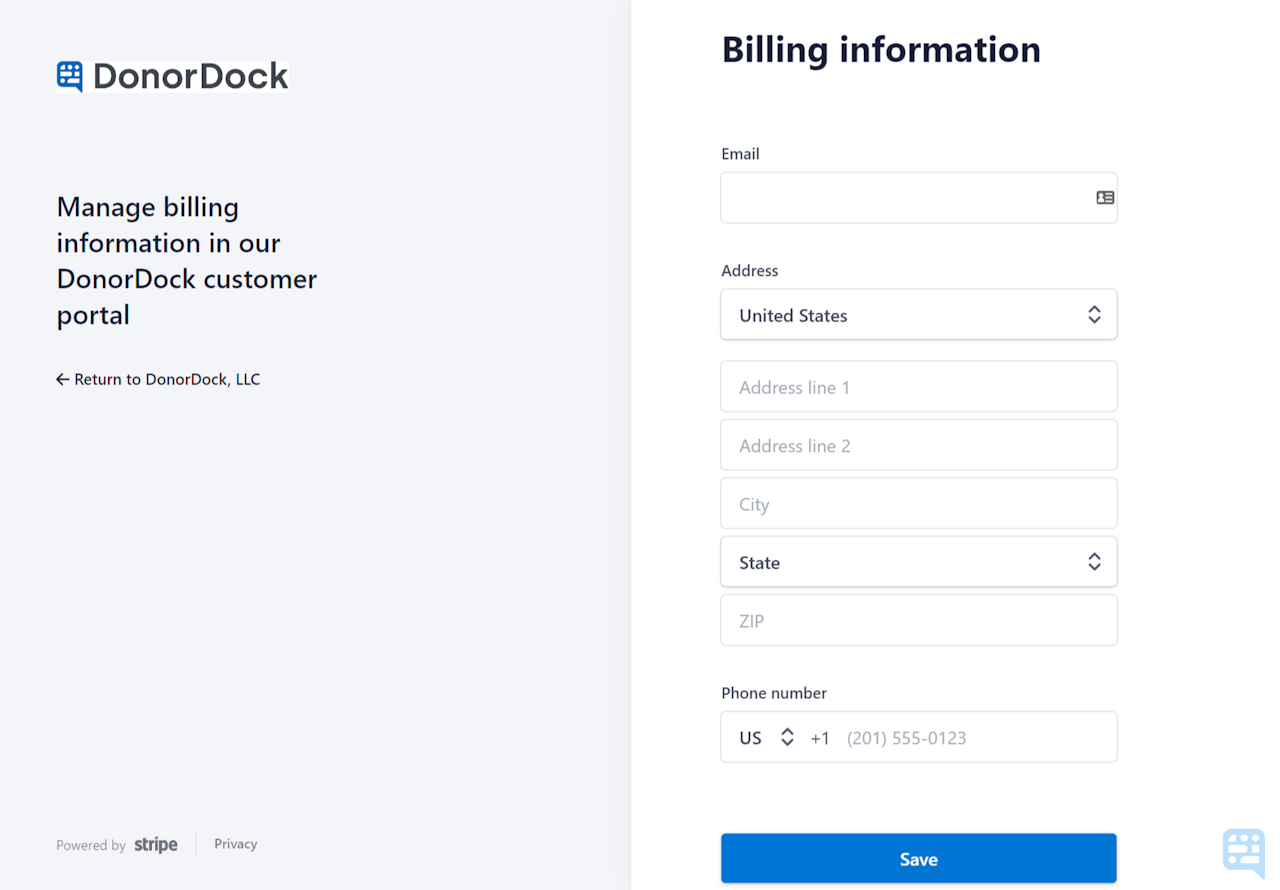 BILLING INFORMATION PROMPT WITH AVAILABLE FIELDS FOR EMAIL, ADDRESS, AND PHONE NUMBER FOR THE BILLING CONTACT FOR YOUR ORGANIZATION - click to enlarge BILLING INFORMATION PROMPT WITH AVAILABLE FIELDS FOR EMAIL, ADDRESS, AND PHONE NUMBER FOR THE BILLING CONTACT FOR YOUR ORGANIZATION