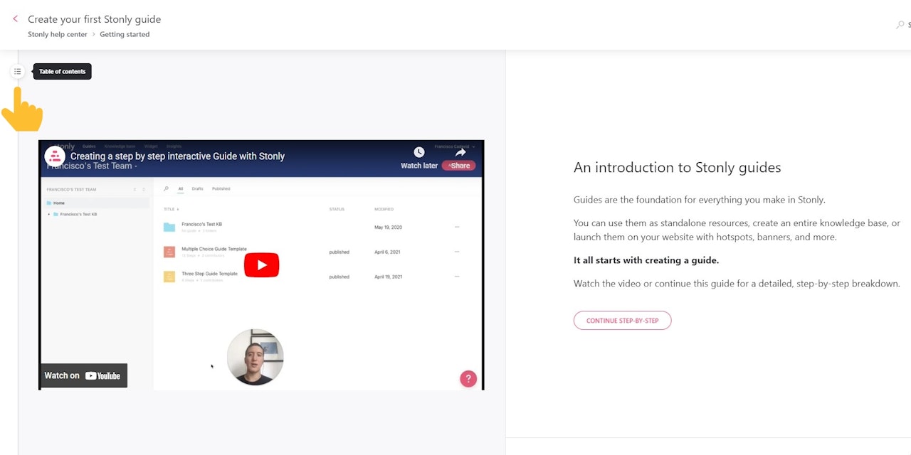 Stonly guide with a pointer pointing at the table of contents icon. - click to enlarge Stonly guide with a pointer pointing at the table of contents icon.