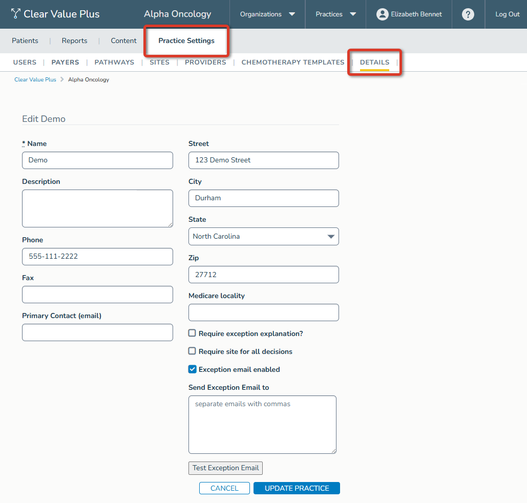 The Details sub-tab under the Practice Settings tab with Exception email enabled checked. Both tabs are highlighted. - click to enlarge The Details sub-tab under the Practice Settings tab with Exception email enabled checked. Both tabs are highlighted.