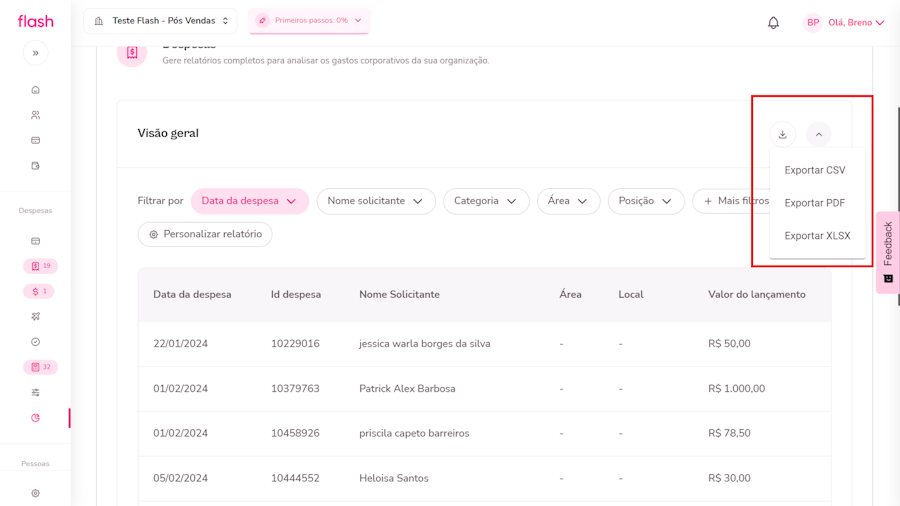 imagem exemplo das opções para exportação de relatório.
