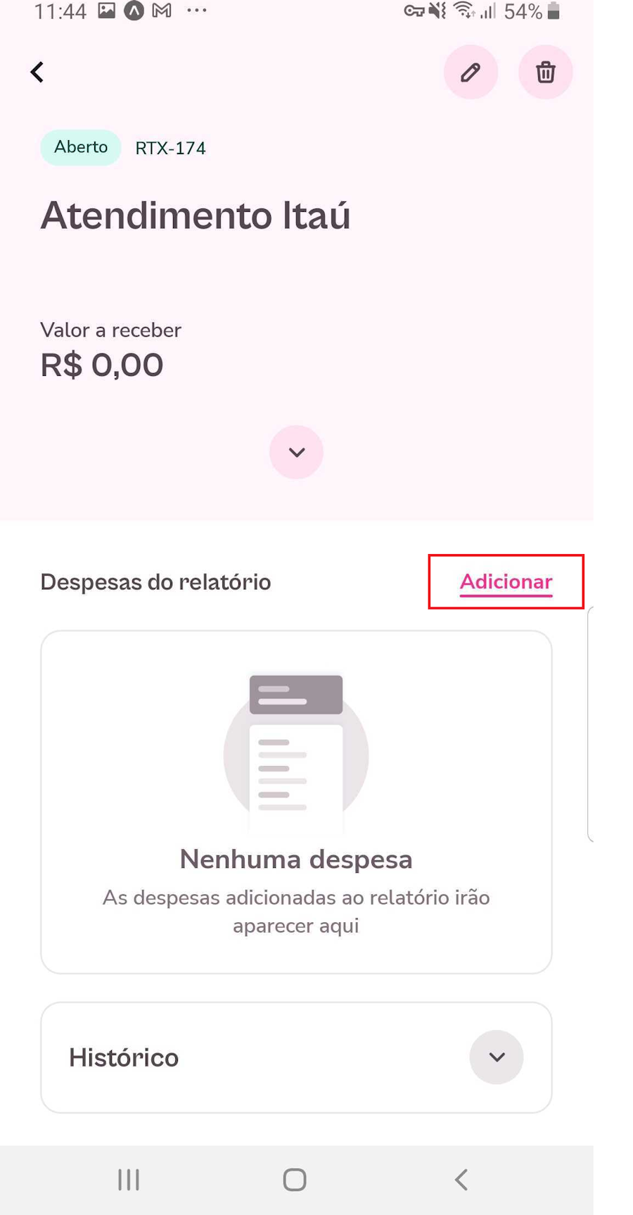 Imagem com foco na opção adicionar na parte de despesas do relatório.