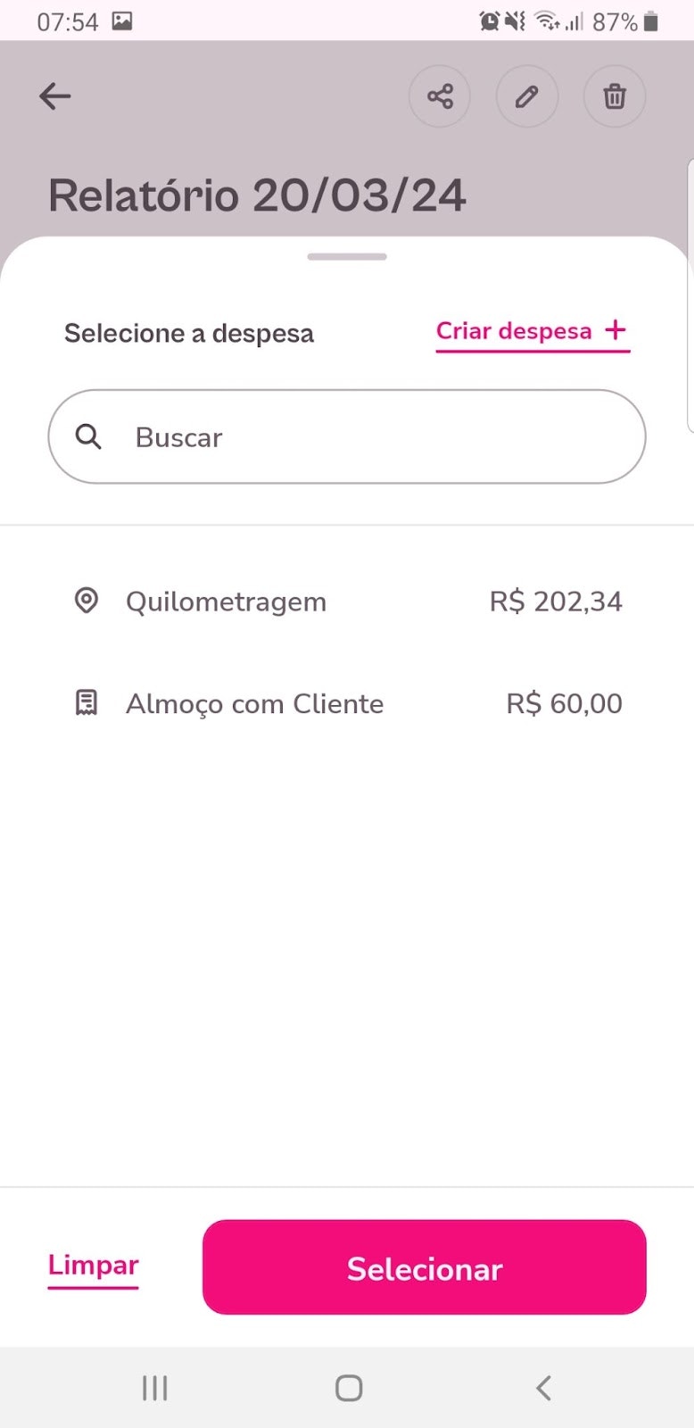 Imagem exemplo de despesas criadas para vincular em um adiantamento.