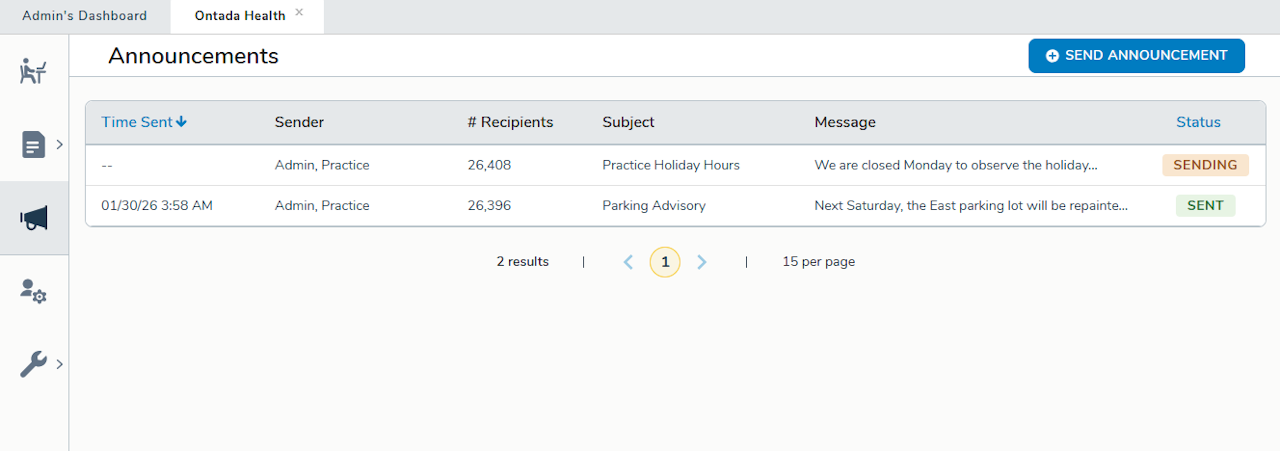The Ontada Health Announcements list - click to enlarge The Ontada Health Announcements list