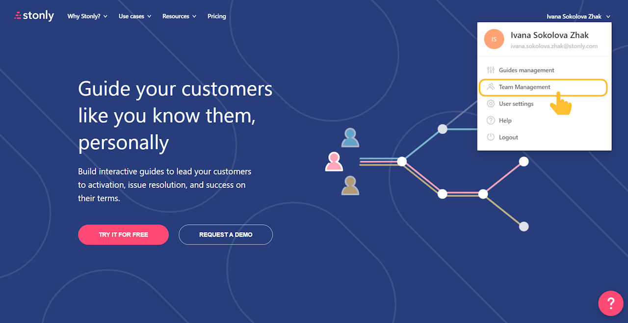 A dropdown menu open with the team management option highlighted. - click to enlarge A dropdown menu open with the team management option highlighted.