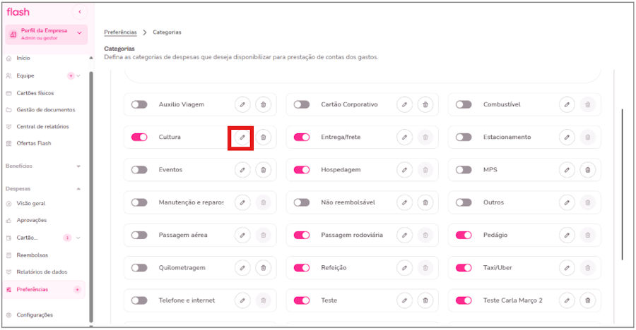 Imagem mostra onde localizar na plataforma o botão de editar categoria