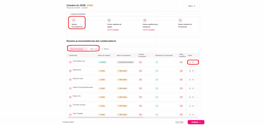 Gif com instruções para acessar a tela de inconsistências de um colaborador no controle de ponto.