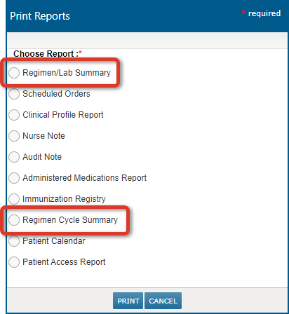 The Flowsheet Reports list with Regimen/Lab Summary and Regimen Cycle Summary highlighted - click to enlarge The Flowsheet Reports list with Regimen/Lab Summary and Regimen Cycle Summary highlighted
