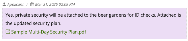Image of the comment that's been added to the section, which includes the comment text and a link to the file added, along with the date the comment was made and who made it.
