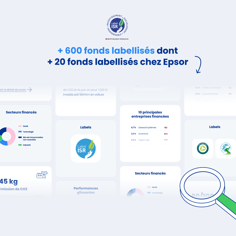 600 fonds labellisés "ISR" dont 20 dans notre gamme de fonds - cliquez pour agrandir 600 fonds labellisés "ISR" dont 20 dans notre gamme de fonds