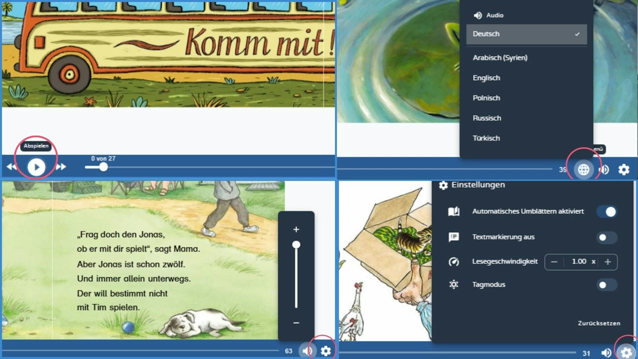 Audio abspielen und stoppen / Audio- bzw. Textsprache auswählen / Ton (de-)aktivieren / Automatisches Umblättern (de-)aktivieren / Textmarkierung ein oder aus / Lesegeschwindigkeiten einstellen / Tag- oder Nachtmodus - klicken Sie zum Vergrößern Audio abspielen und stoppen / Audio- bzw. Textsprache auswählen / Ton (de-)aktivieren / Automatisches Umblättern (de-)aktivieren / Textmarkierung ein oder aus / Lesegeschwindigkeiten einstellen / Tag- oder Nachtmodus