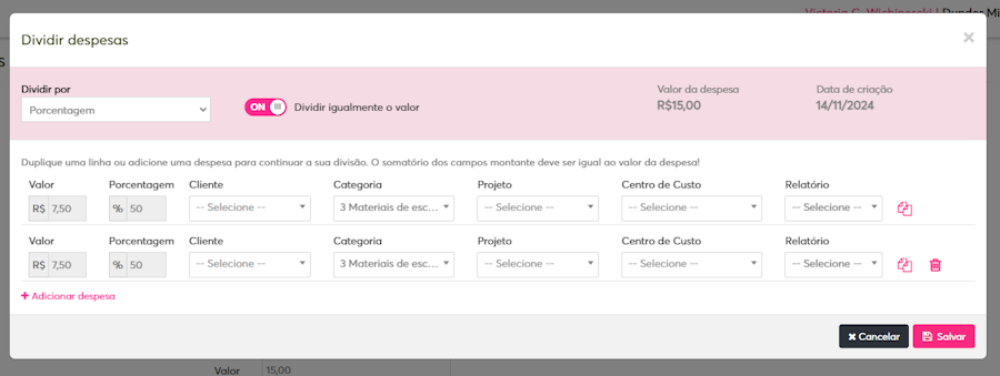 imagem do menu dividir despesas com a opção porcentagem e dados exemplos