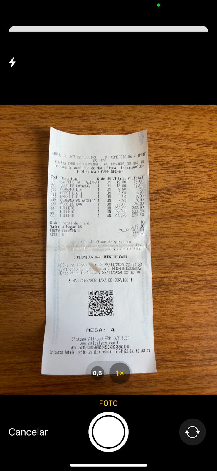 Imagem teste com uma despesa fotografada