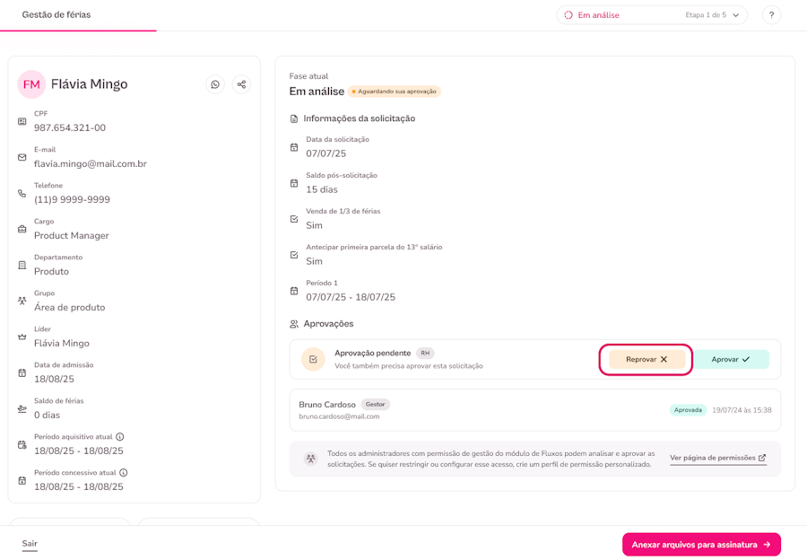 imagem exemplo de colaborador teste para reprovar férias