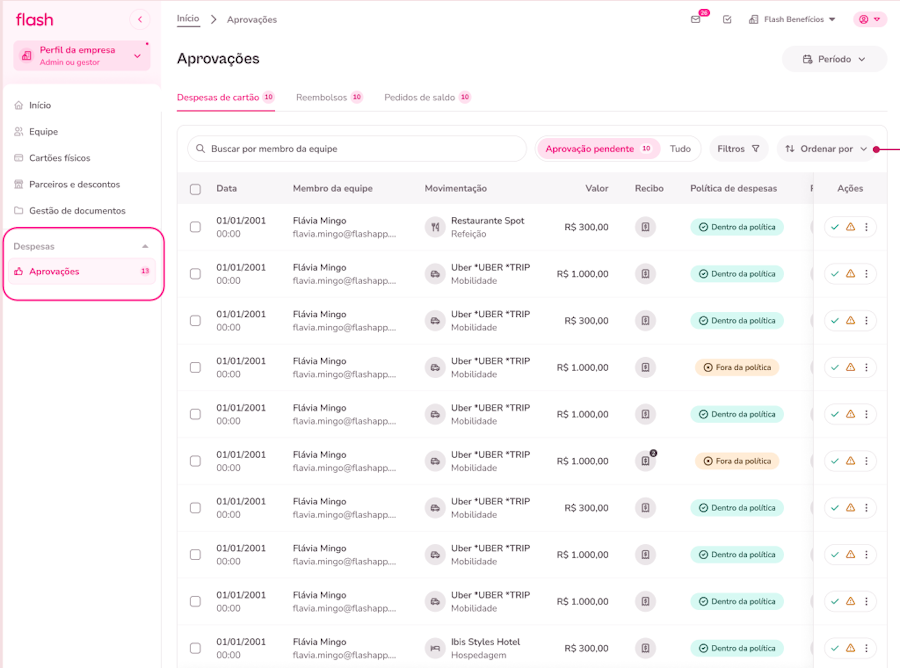 imagem exemplo do menu de aprovações