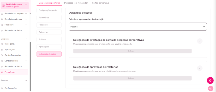 Imagem do menu de delegação de ações com as opções sem dados preenchidos.