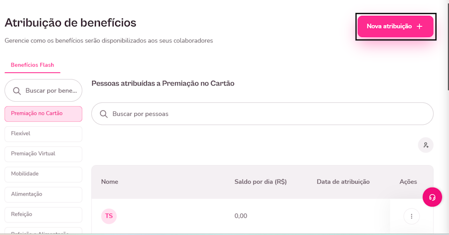 imagem exemplo com beneficios da plataforma e destaque para o botão nova atribuição