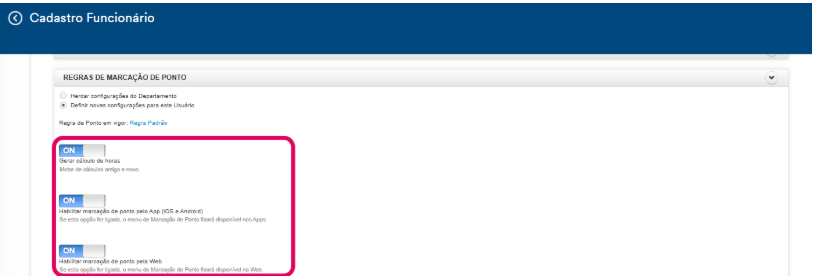 Imagem da plataforma Folha Flash com destaque para as opções necessárias para habilitar marcação de ponto.
